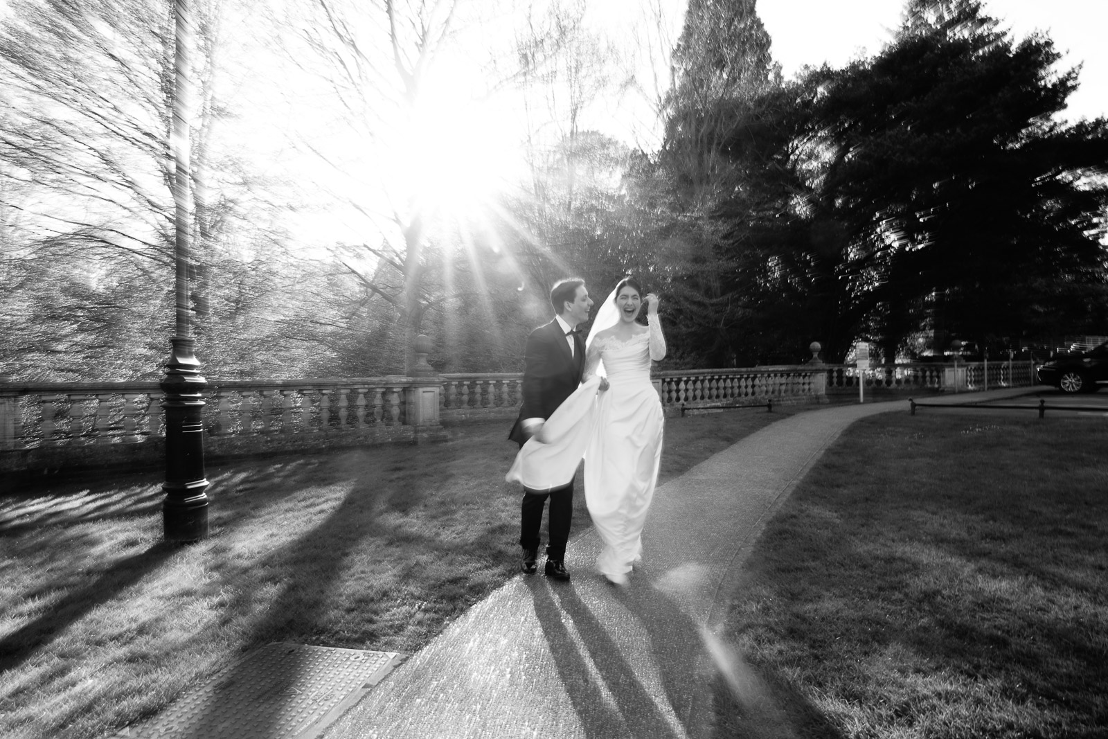 Black and white wedding portrait in bright winter light